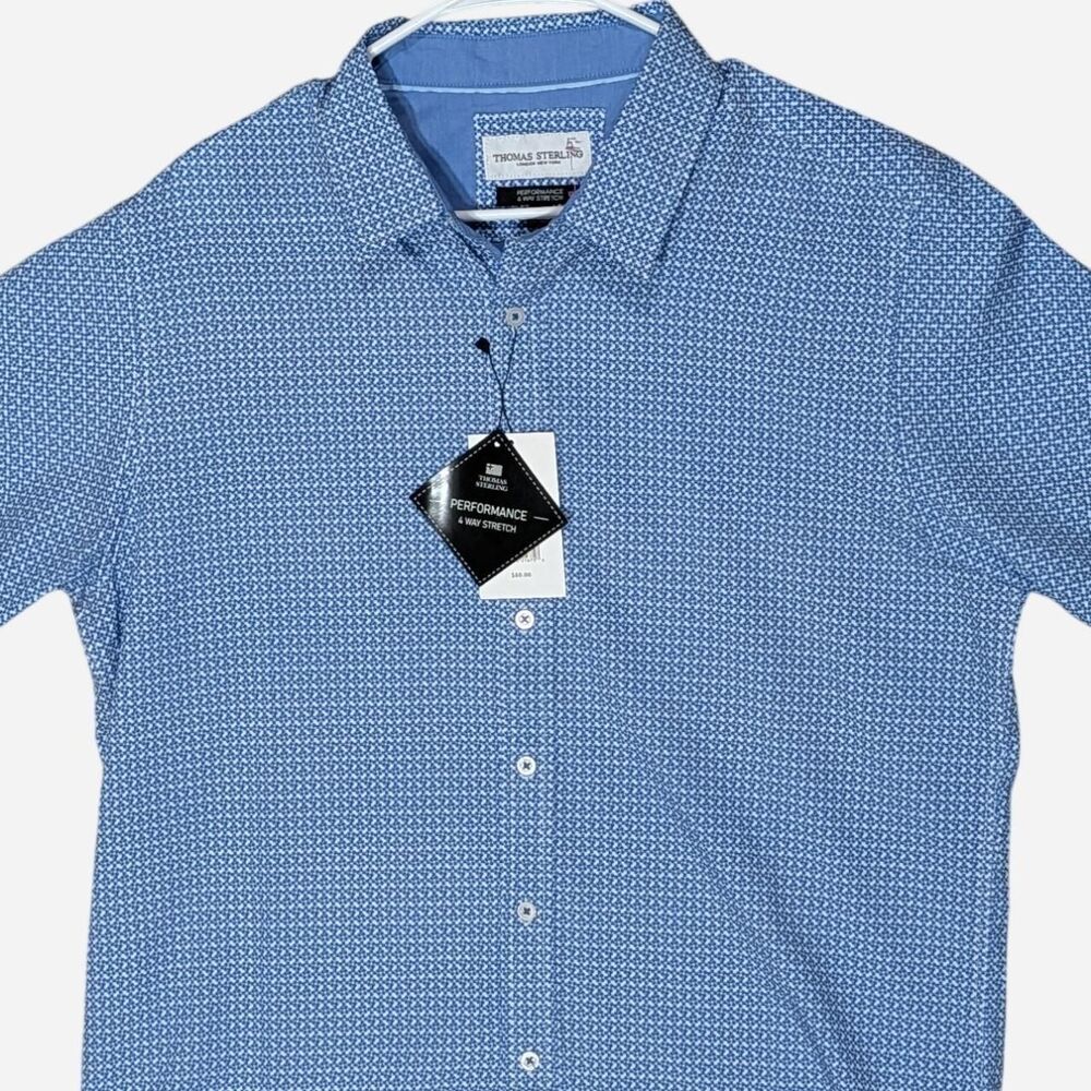 Thomas Sterling Performance Shirt Mens Large NWT Blue Geometric 4 Way Stretch